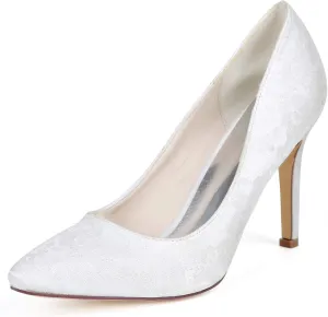 Ivory Lace Bridal Wedding Shoes Pointed Toe 3.7 Inches Stiletto Heel Smart Slip on Pump