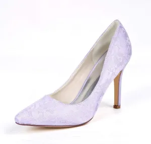 Ivory Lace Bridal Wedding Shoes Pointed Toe 3.7 Inches Stiletto Heel Smart Slip on Pump