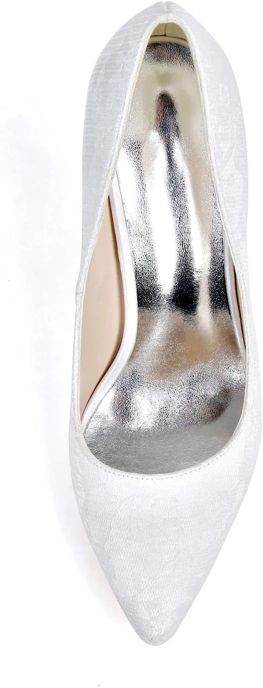 Ivory Lace Bridal Wedding Shoes Pointed Toe 3.7 Inches Stiletto Heel Smart Slip on Pump
