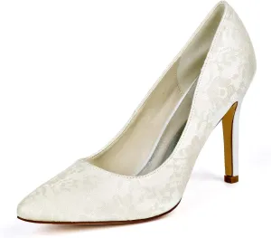 Ivory Lace Bridal Wedding Shoes Pointed Toe 3.7 Inches Stiletto Heel Smart Slip on Pump