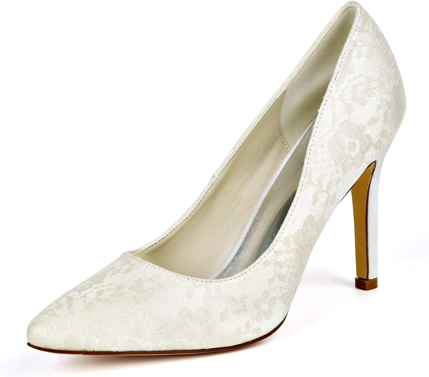 Ivory Lace Bridal Wedding Shoes Pointed Toe 3.7 Inches Stiletto Heel Smart Slip on Pump