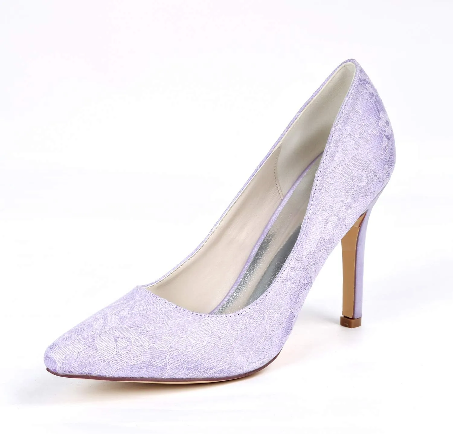 Ivory Lace Bridal Wedding Shoes Pointed Toe 3.7 Inches Stiletto Heel Smart Slip on Pump