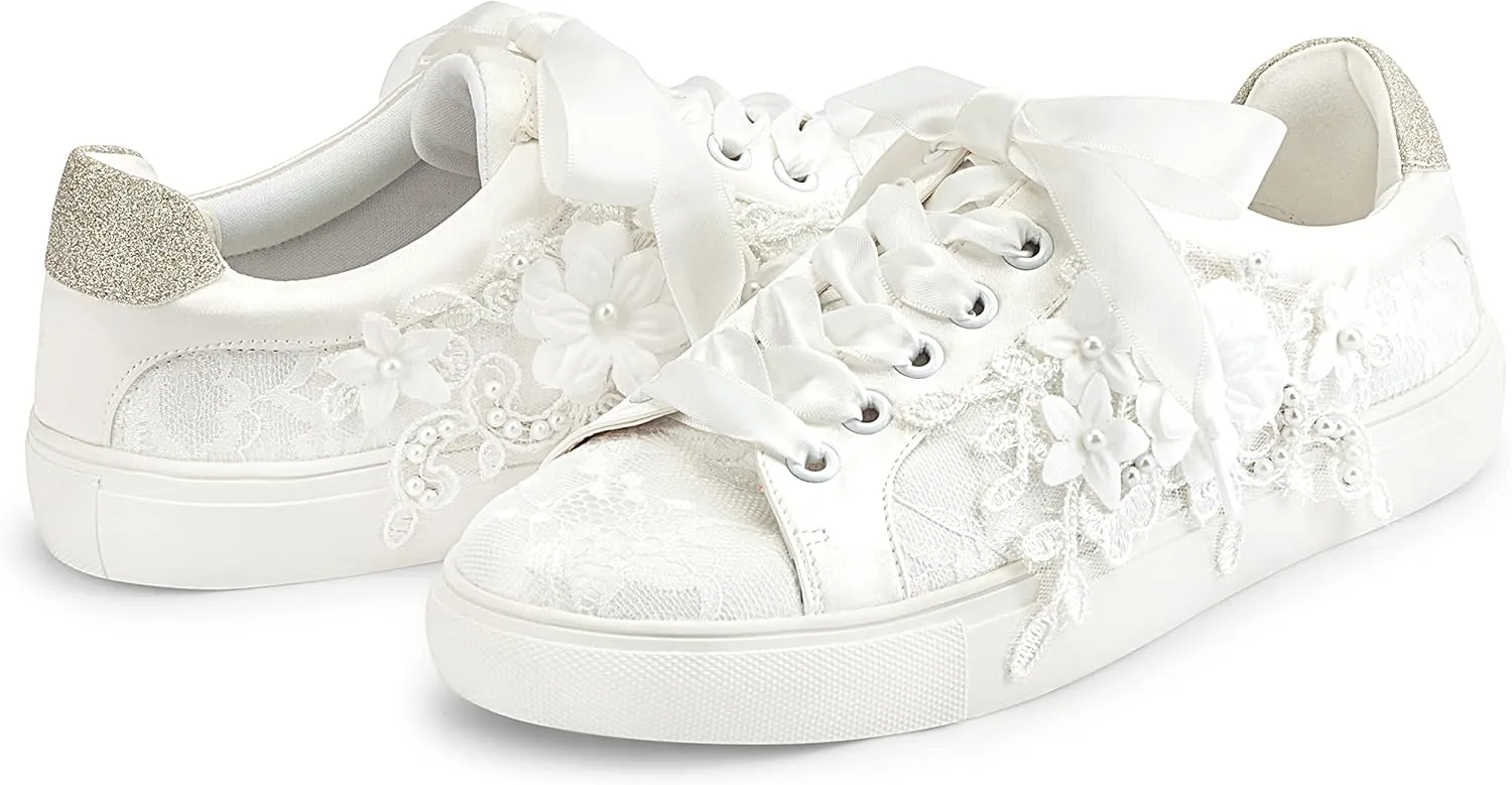 JIAJIA 8837A Wedding Shoes Bridal Sneakers Flats Bride Tennis Shoes Flowers Lace Sneakers