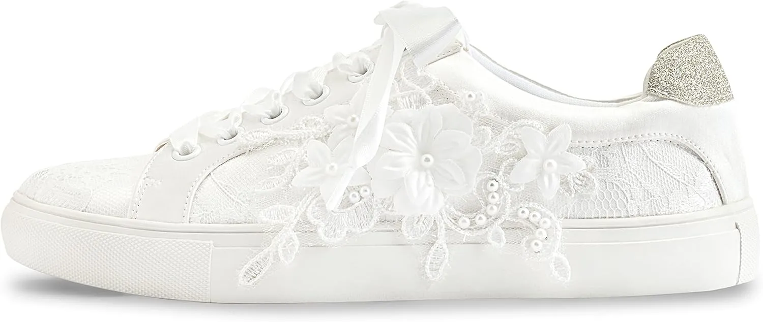 JIAJIA 8837A Wedding Shoes Bridal Sneakers Flats Bride Tennis Shoes Flowers Lace Sneakers