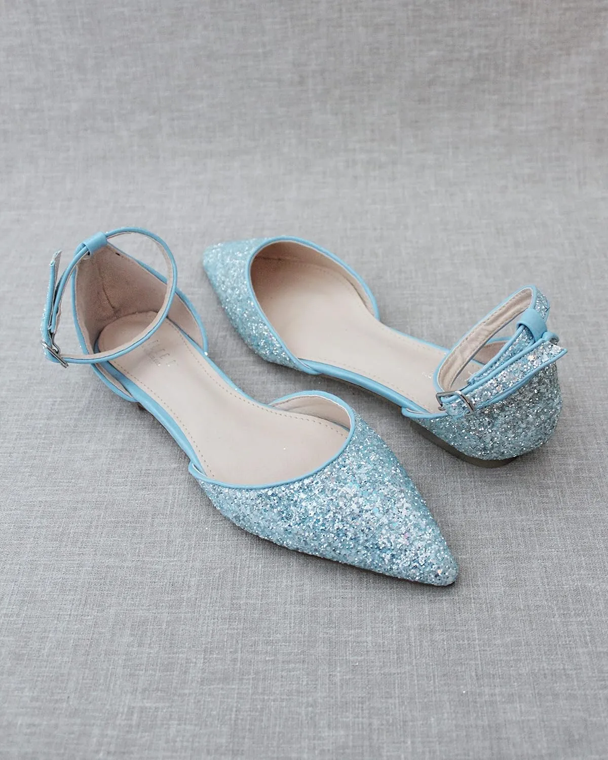 KAILEE P Rock Glitter Pointy Toe Flats with Ankle Strap, Wedding Shoes, Bridesmaids Shoes, Prom Shoes, Party Shoes, Bridal Flats