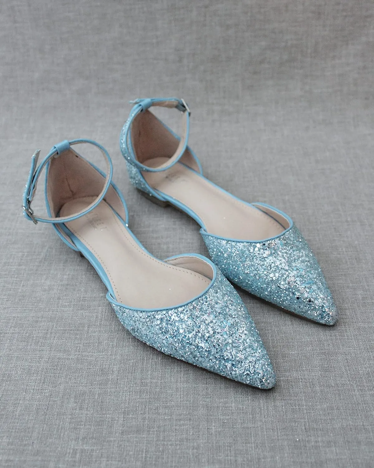 KAILEE P Rock Glitter Pointy Toe Flats with Ankle Strap, Wedding Shoes, Bridesmaids Shoes, Prom Shoes, Party Shoes, Bridal Flats