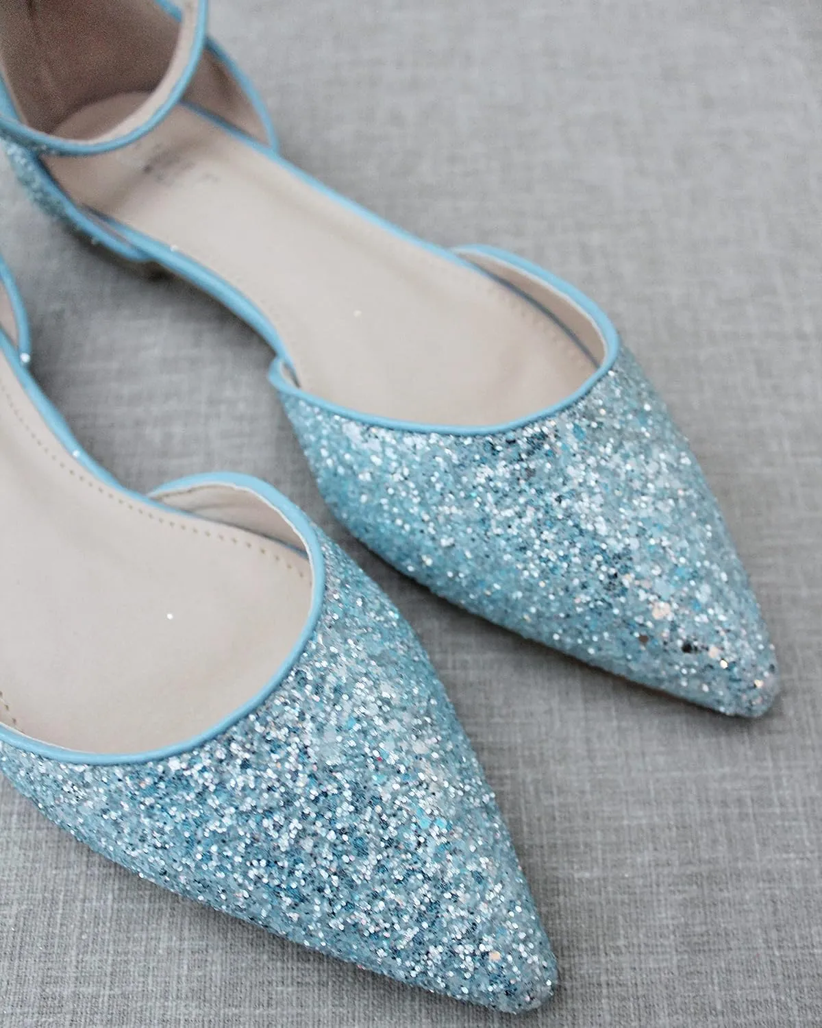 KAILEE P Rock Glitter Pointy Toe Flats with Ankle Strap, Wedding Shoes, Bridesmaids Shoes, Prom Shoes, Party Shoes, Bridal Flats