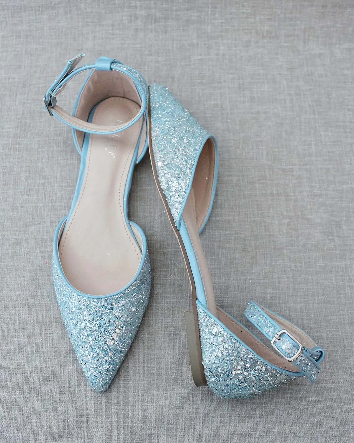 KAILEE P Rock Glitter Pointy Toe Flats with Ankle Strap, Wedding Shoes, Bridesmaids Shoes, Prom Shoes, Party Shoes, Bridal Flats