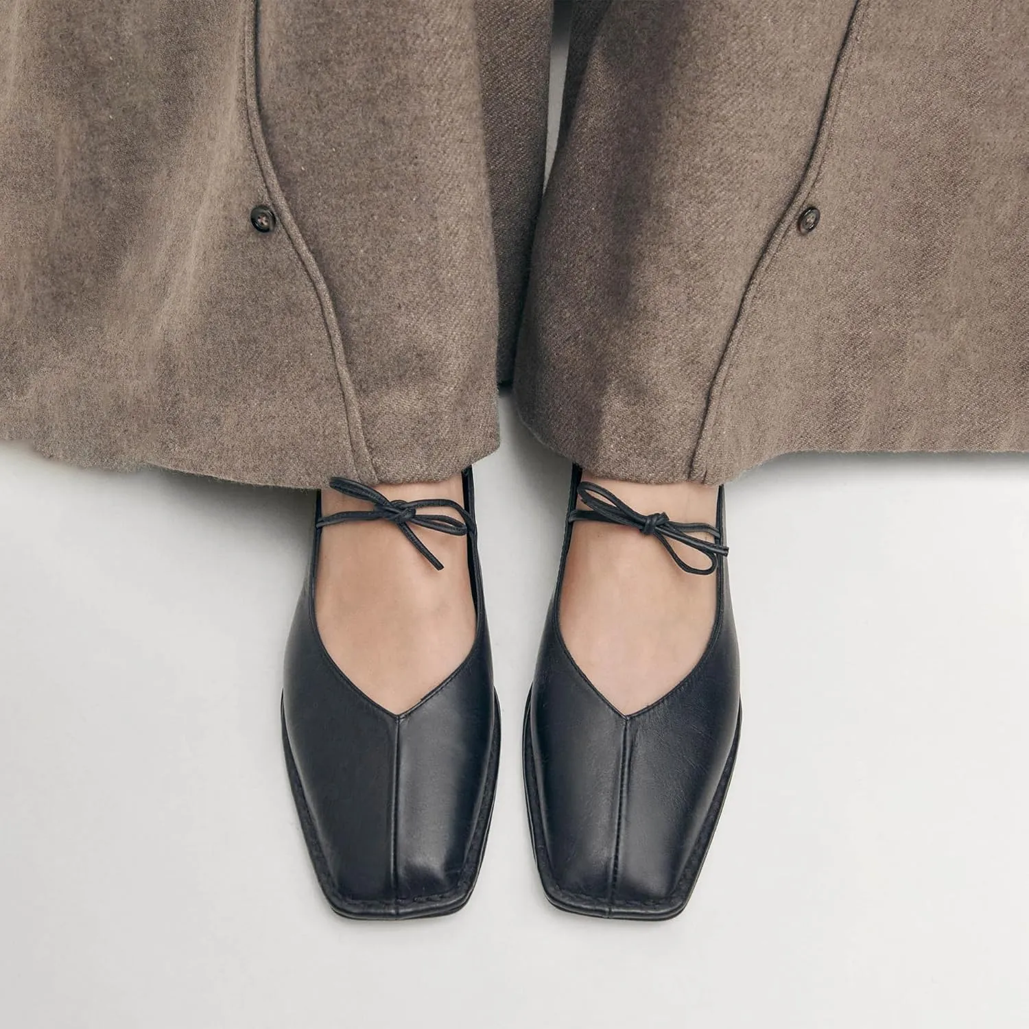 Lace Up Ballet Flats for Women Bow Square Toe Mary Jane Flats Slip On Leather Ballerina Shoes