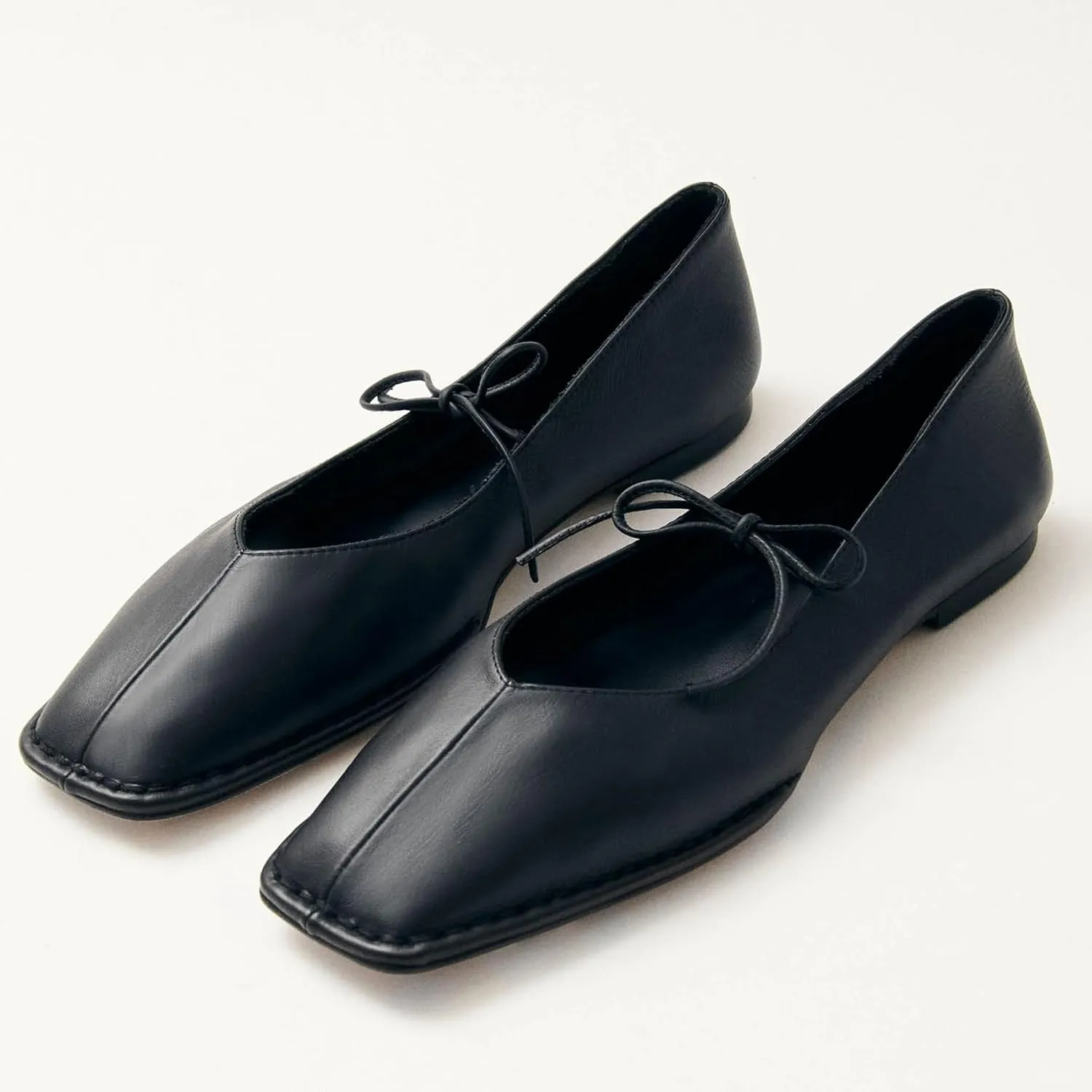 Lace Up Ballet Flats for Women Bow Square Toe Mary Jane Flats Slip On Leather Ballerina Shoes
