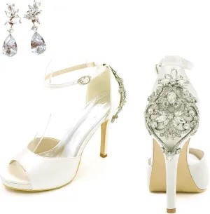 Lady Satin Dress Platform High Heels Wedding Sandals Crystal Back with Free Earrings