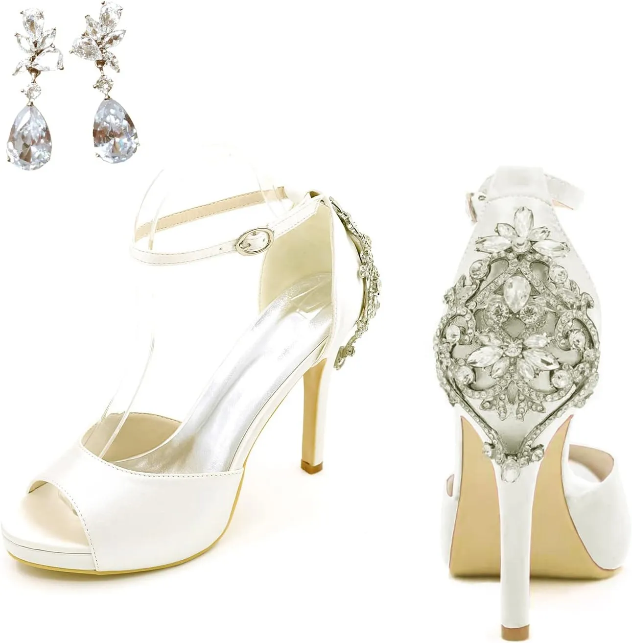 Lady Satin Dress Platform High Heels Wedding Sandals Crystal Back with Free Earrings
