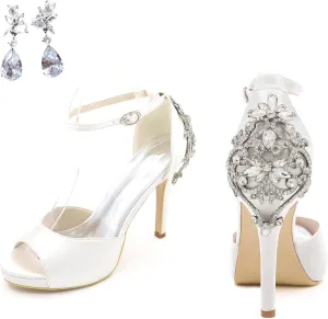 Lady Satin Dress Platform High Heels Wedding Sandals Crystal Back with Free Earrings