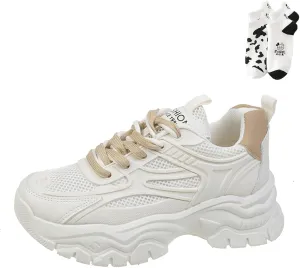 LELEBEAR Chunky White Sneakers Women, Fashion Mesh Platform Sneakers, Casual Jogging Walking Shoes with Cute Socks