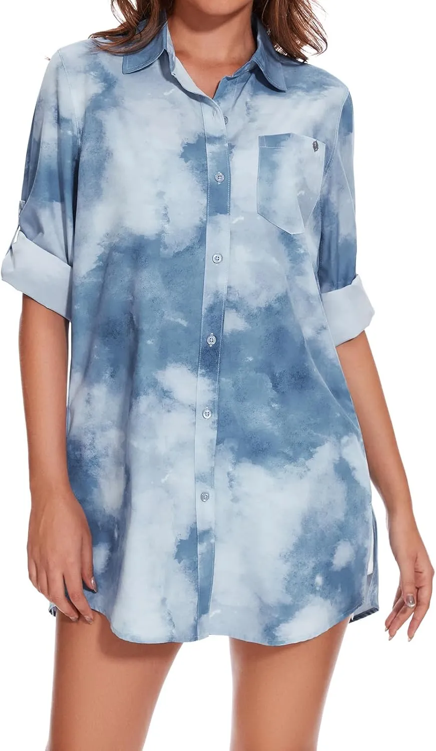 Lightbare Women’s UPF 50  Button Down Shirt Dress Collared Long Sleeve Blouse Swimsuit Coverup Boyfriend Shirts Loose Fit