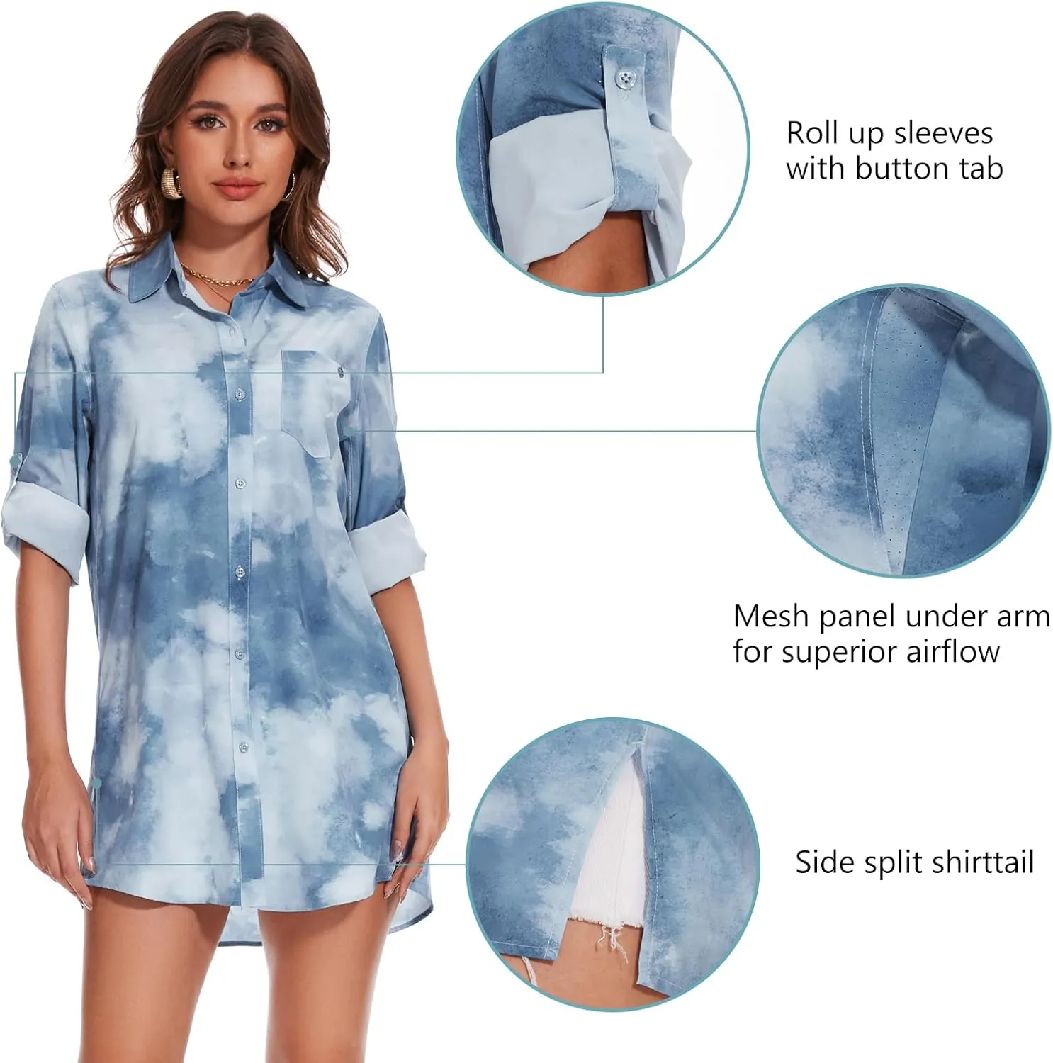 Lightbare Women’s UPF 50  Button Down Shirt Dress Collared Long Sleeve Blouse Swimsuit Coverup Boyfriend Shirts Loose Fit