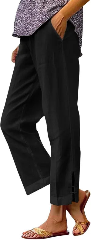 Linen Pants for Women 2025 Summer Waist Elastic Straight Leg Lounge Boho Pant Casual Loose Beach Trousers with Pockets