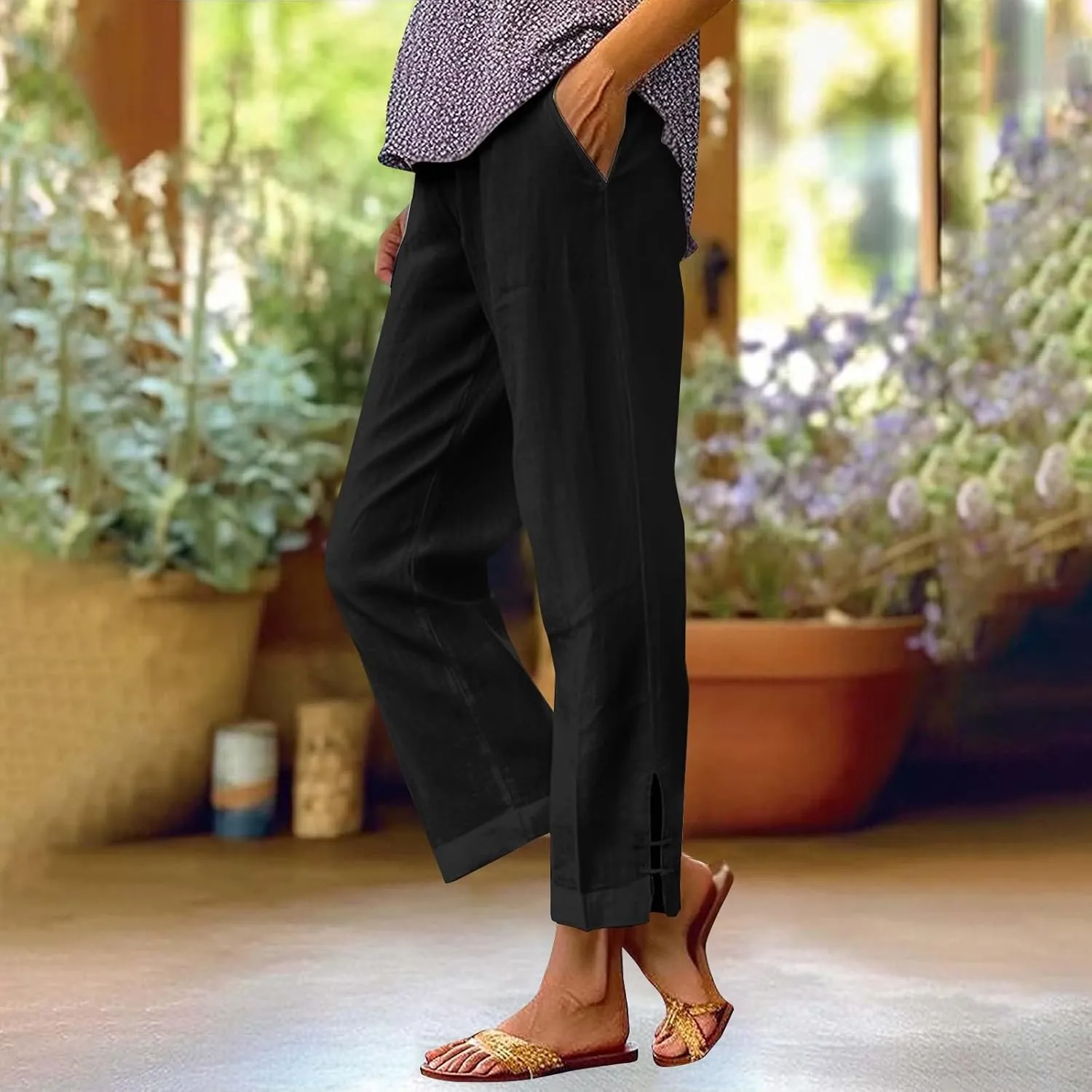 Linen Pants for Women 2025 Summer Waist Elastic Straight Leg Lounge Boho Pant Casual Loose Beach Trousers with Pockets
