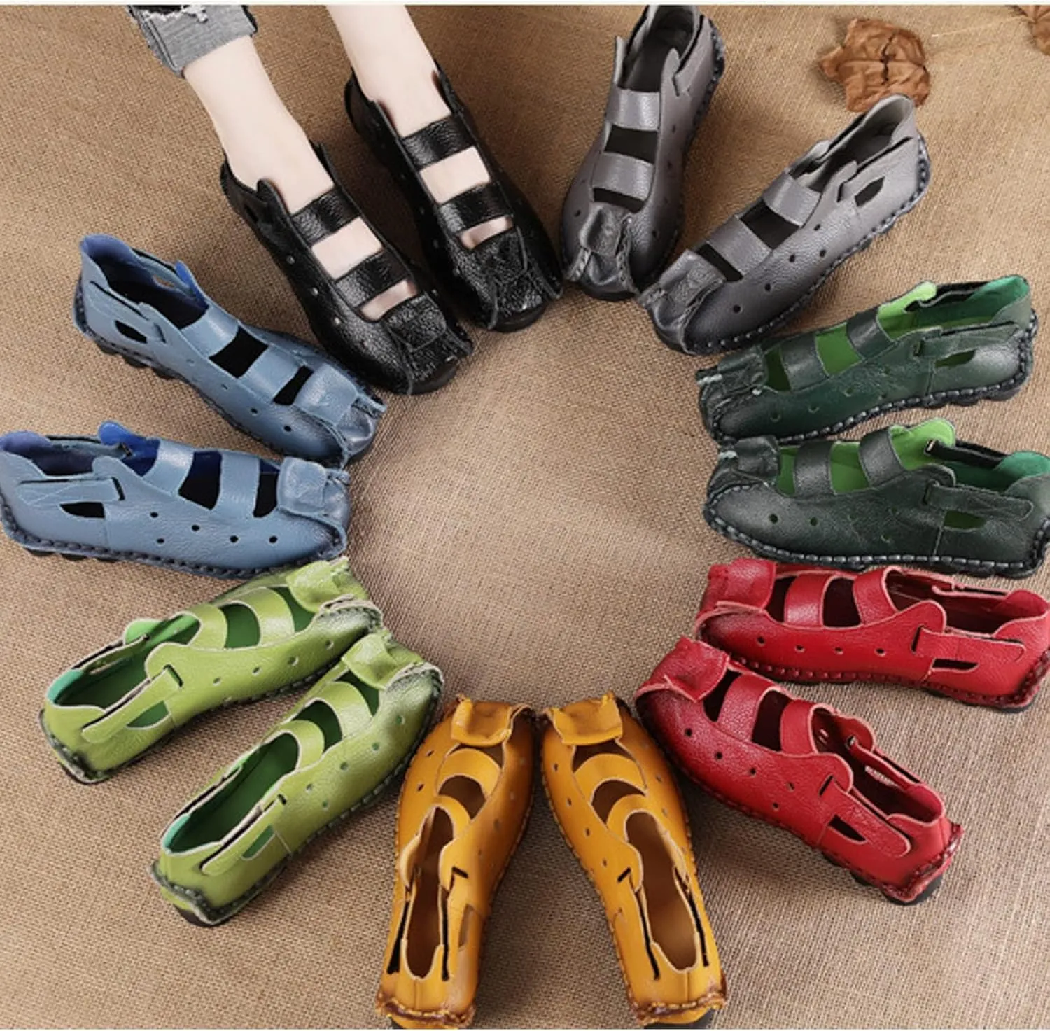 Lymphvity Women'S Hand-Stitching Leather Vintage Cutout Flat Sandals,Fashion Non-Slip Soft Bottom Breathable Comfort Adjustable Walking Ethnic Style Loafers
