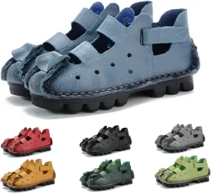 Lymphvity Women'S Hand-Stitching Leather Vintage Cutout Flat Sandals,Fashion Non-Slip Soft Bottom Breathable Comfort Adjustable Walking Ethnic Style Loafers