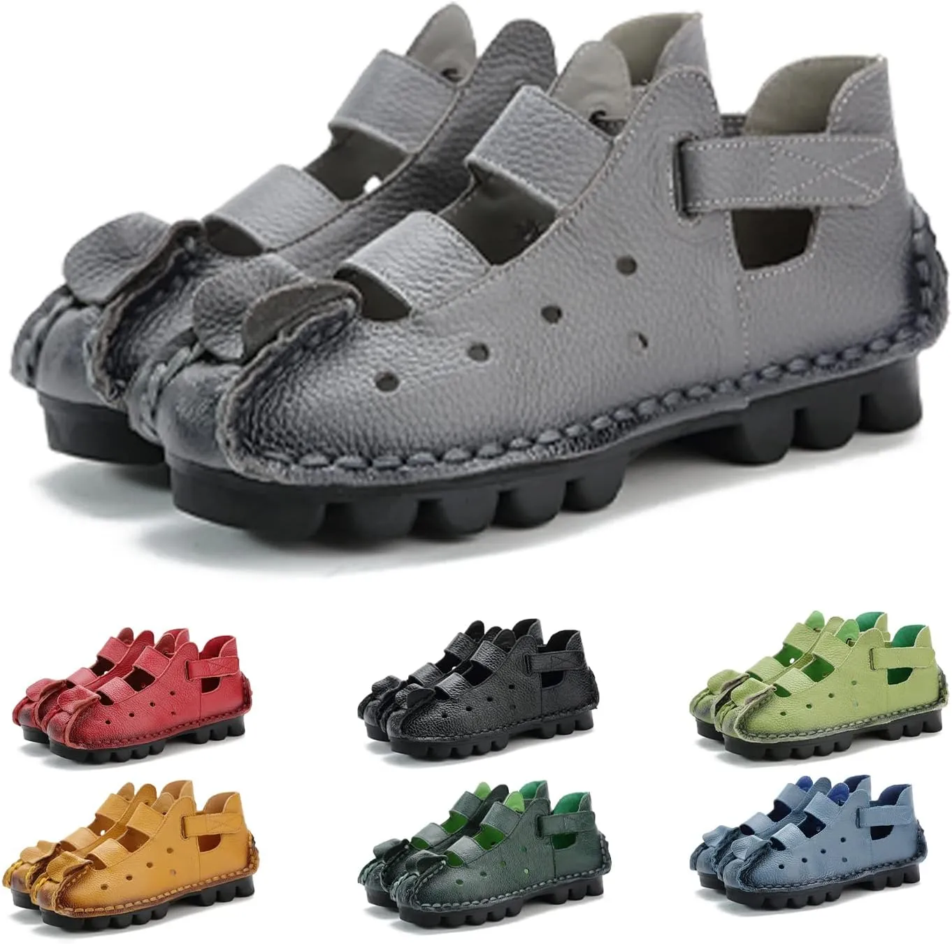 Lymphvity Women'S Hand-Stitching Leather Vintage Cutout Flat Sandals,Fashion Non-Slip Soft Bottom Breathable Comfort Adjustable Walking Ethnic Style Loafers