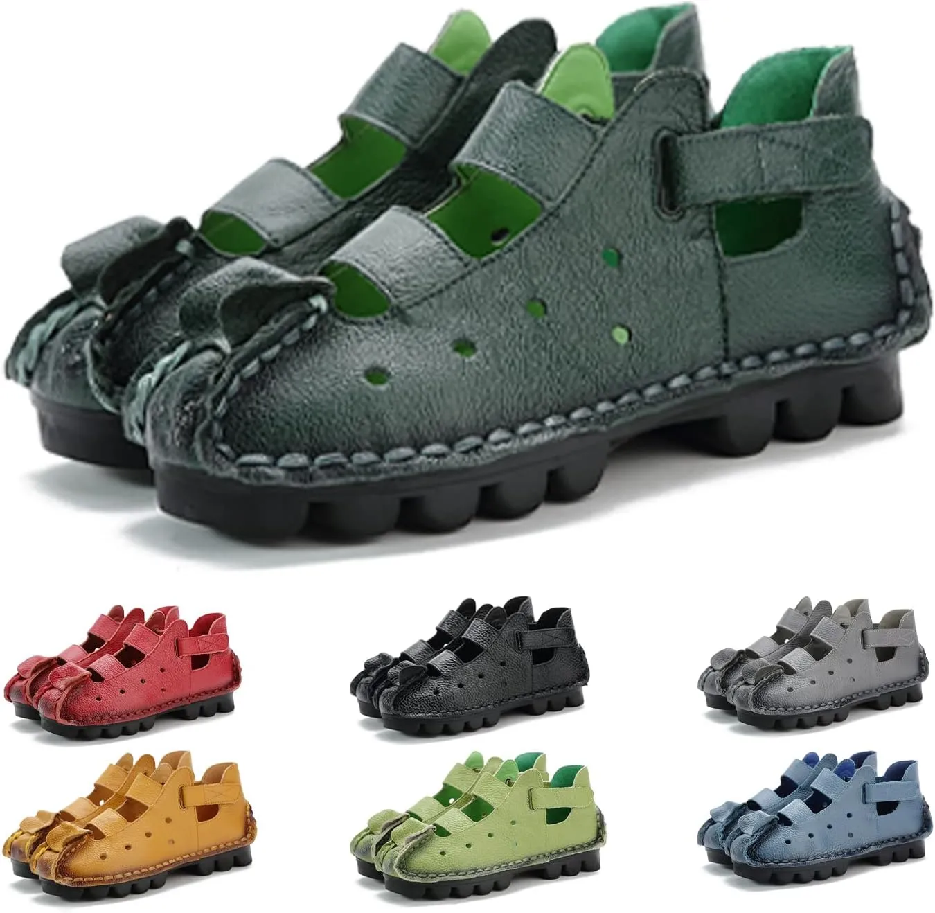 Lymphvity Women'S Hand-Stitching Leather Vintage Cutout Flat Sandals,Fashion Non-Slip Soft Bottom Breathable Comfort Adjustable Walking Ethnic Style Loafers