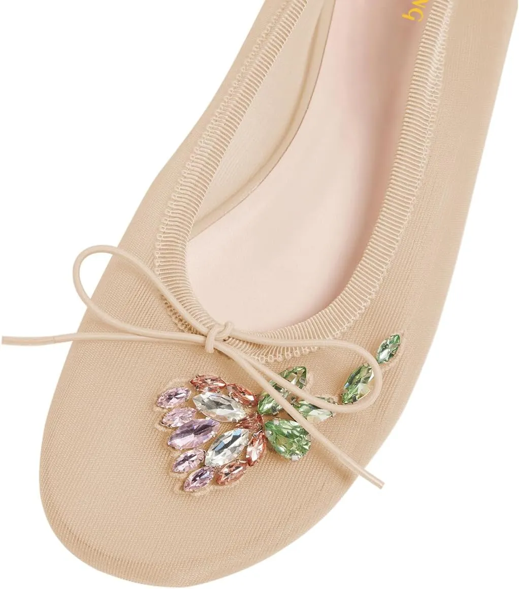Maiyang Women Classic Floral Rhinestone Round Toe Slip on Ballet Flats Comfortable Breathable Ballroom Daily Casual Shoes Size 4-16 US