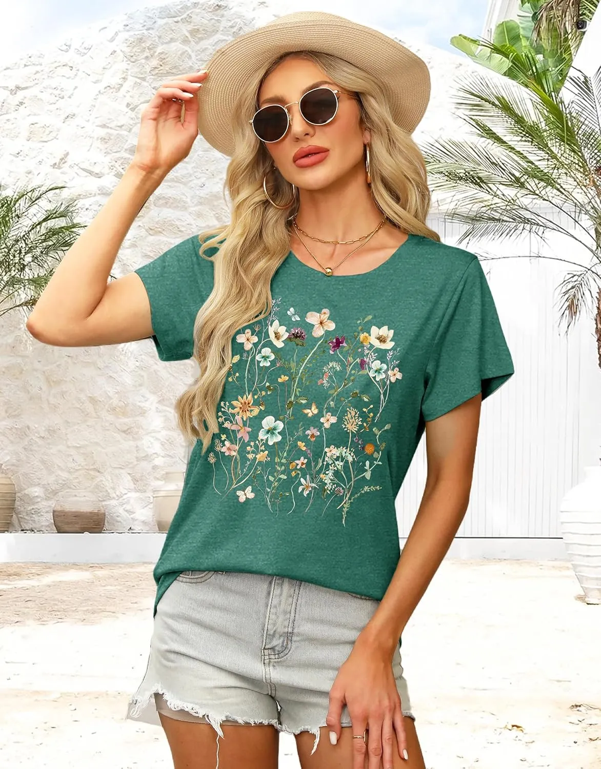 MAPICK Women's Floral Graphic Tees Short Sleeve Casual T-Shirts Boho Style Cute Summer Loose Fit Tops