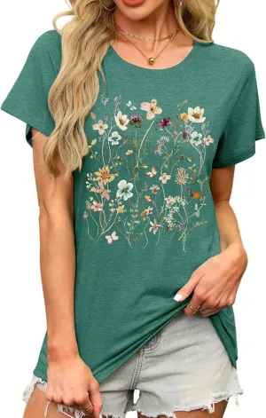 MAPICK Women's Floral Graphic Tees Short Sleeve Casual T-Shirts Boho Style Cute Summer Loose Fit Tops