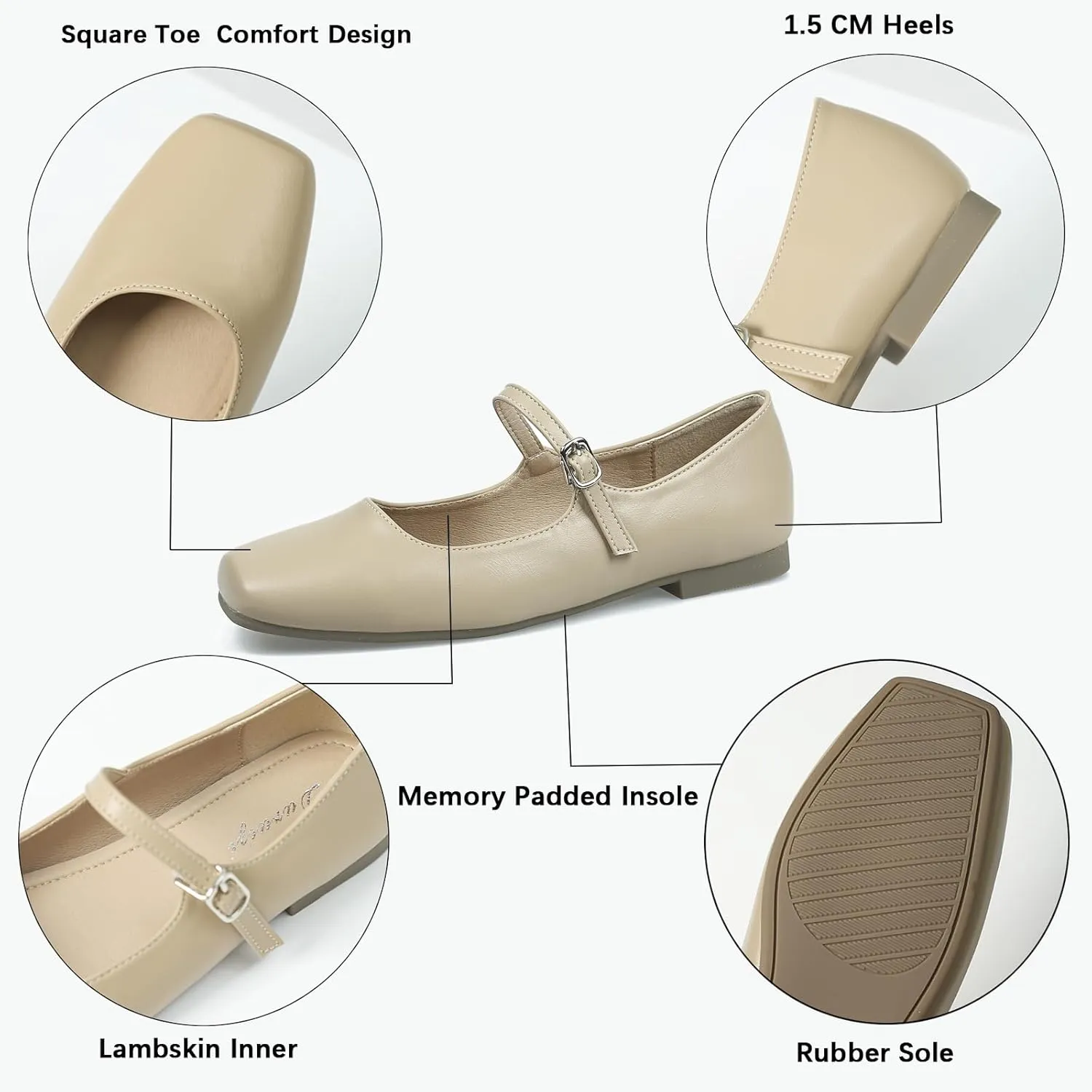 Mary Jane Flats for Women Buckle Ballet Flats Classy Dressy Comfortable Square Toe Slip on Flats Women's Soft Work Casual Dress Shoes