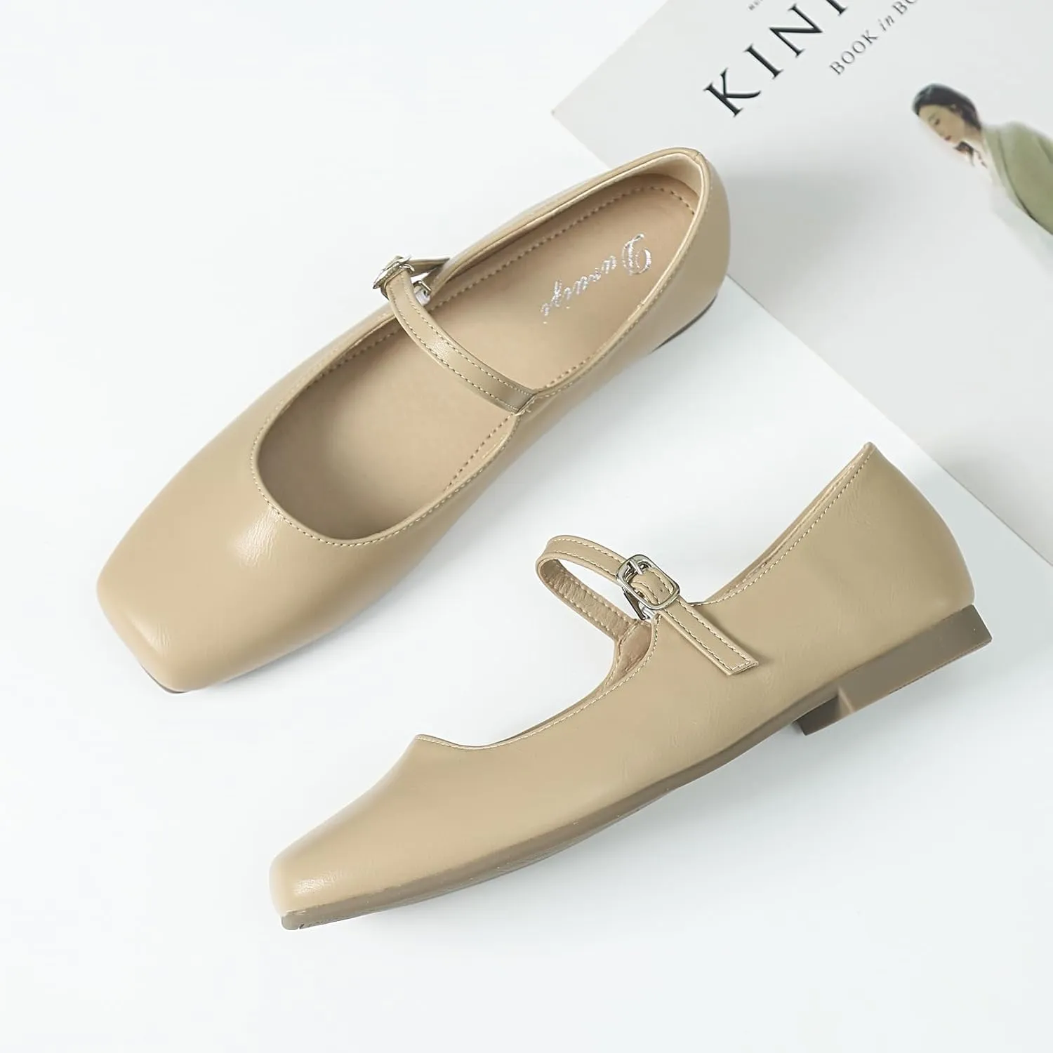 Mary Jane Flats for Women Buckle Ballet Flats Classy Dressy Comfortable Square Toe Slip on Flats Women's Soft Work Casual Dress Shoes