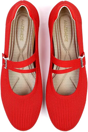 Mary Janes for Women Ballet Flats Comfortable Round Toe Knit Slip On Flats Adjustable Straps Casual Work Dress Flats Shoes