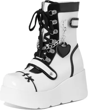 Meefit Women Goth Platform Boots Lolita Kawaii Shoes Wedge High Heel Lace Up Mid Calf Boots Vintage Ankle Boots