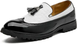 Men's Classic Wingtip Tassel Dress Shoes Two Tone Leather Loafers Shoes Non-Slip Lug Sole for Formal Business