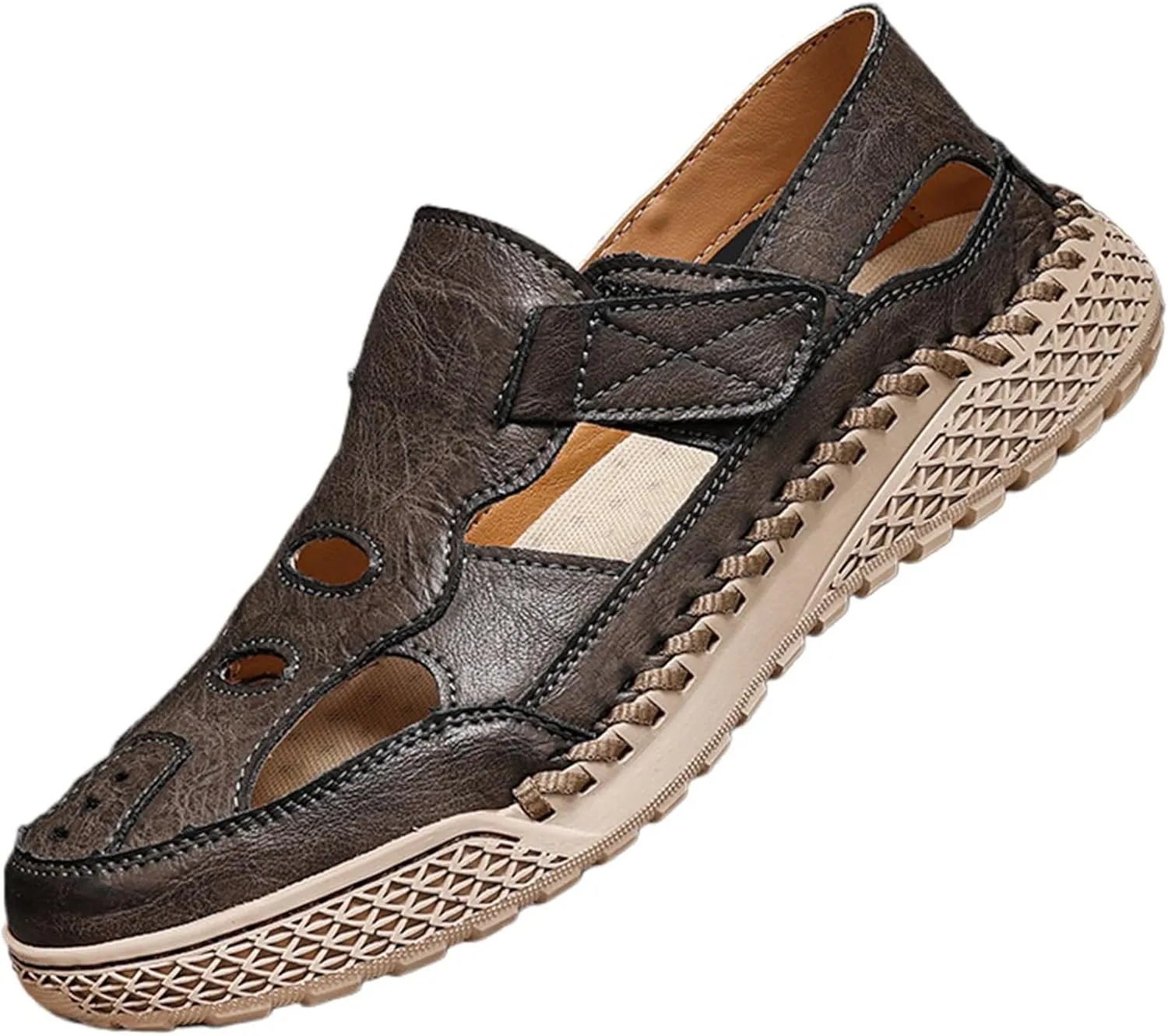 Men's Outdoor Leather Sport Sandals Closed-Toe Fisherman Shoes - Adjustable Straps Breathable for Summer Beach Hiking, Fishing | Handcrafted Comfortable Non-Slip Footwear
