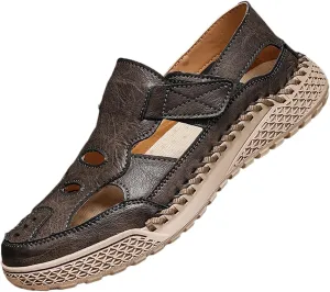 Men's Outdoor Leather Sport Sandals Closed-Toe Fisherman Shoes - Adjustable Straps Breathable for Summer Beach Hiking, Fishing | Handcrafted Comfortable Non-Slip Footwear