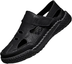Men's Outdoor Leather Sport Sandals Closed-Toe Fisherman Shoes - Adjustable Straps Breathable for Summer Beach Hiking, Fishing | Handcrafted Comfortable Non-Slip Footwear
