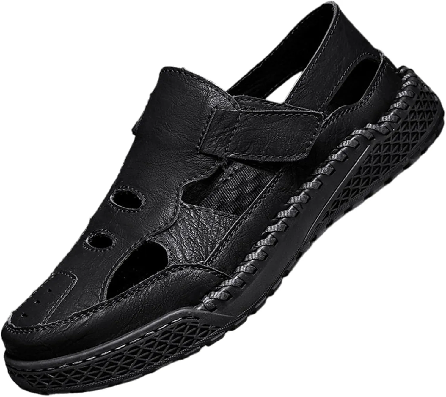Men's Outdoor Leather Sport Sandals Closed-Toe Fisherman Shoes - Adjustable Straps Breathable for Summer Beach Hiking, Fishing | Handcrafted Comfortable Non-Slip Footwear