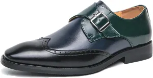 Men's Pointed Toe Patent Leather Two Tone Brogue Loafers with Monk Buckle Low Heel Non-Slip Comfortable Slip-On Dress Oxford Shoes Fashion Formal Business Derby Shoes
