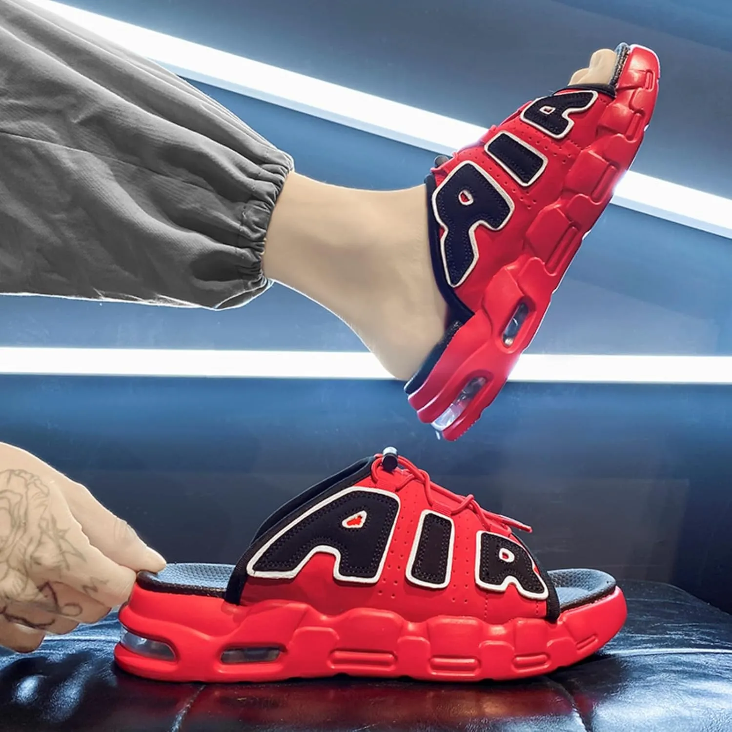 Men's Thick Slippers - Breathable Perforated Leather Sandals with Adjustable Shoelaces Indoor/Outdoor Non Slip Sole