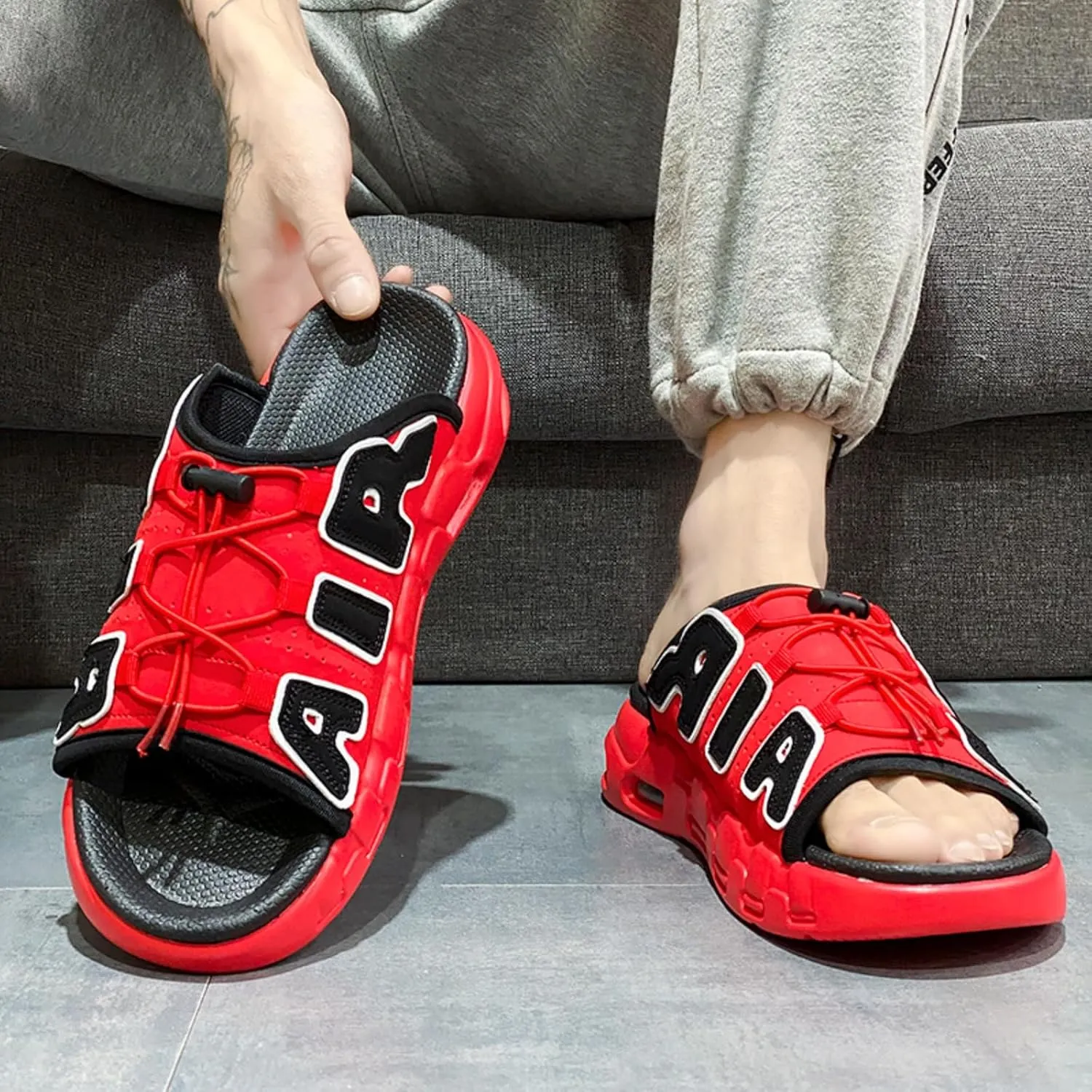 Men's Thick Slippers - Breathable Perforated Leather Sandals with Adjustable Shoelaces Indoor/Outdoor Non Slip Sole