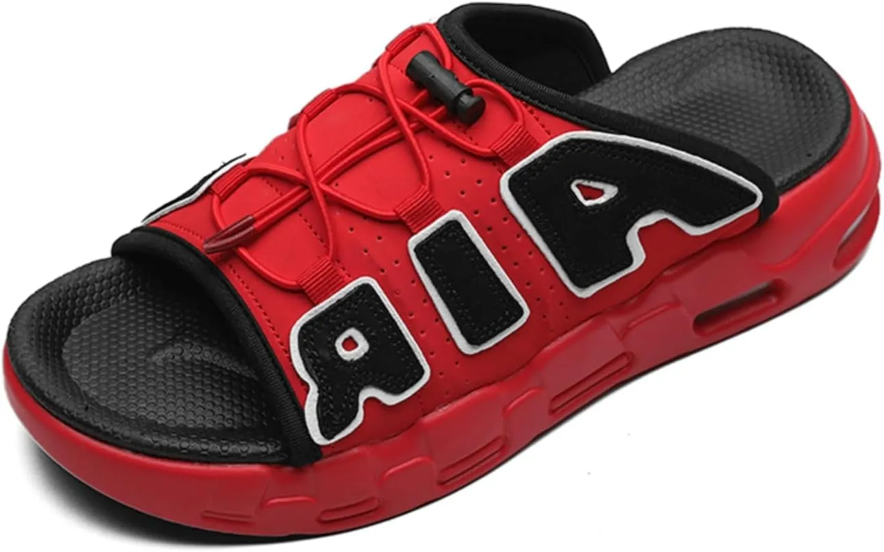 Men's Thick Slippers - Breathable Perforated Leather Sandals with Adjustable Shoelaces Indoor/Outdoor Non Slip Sole