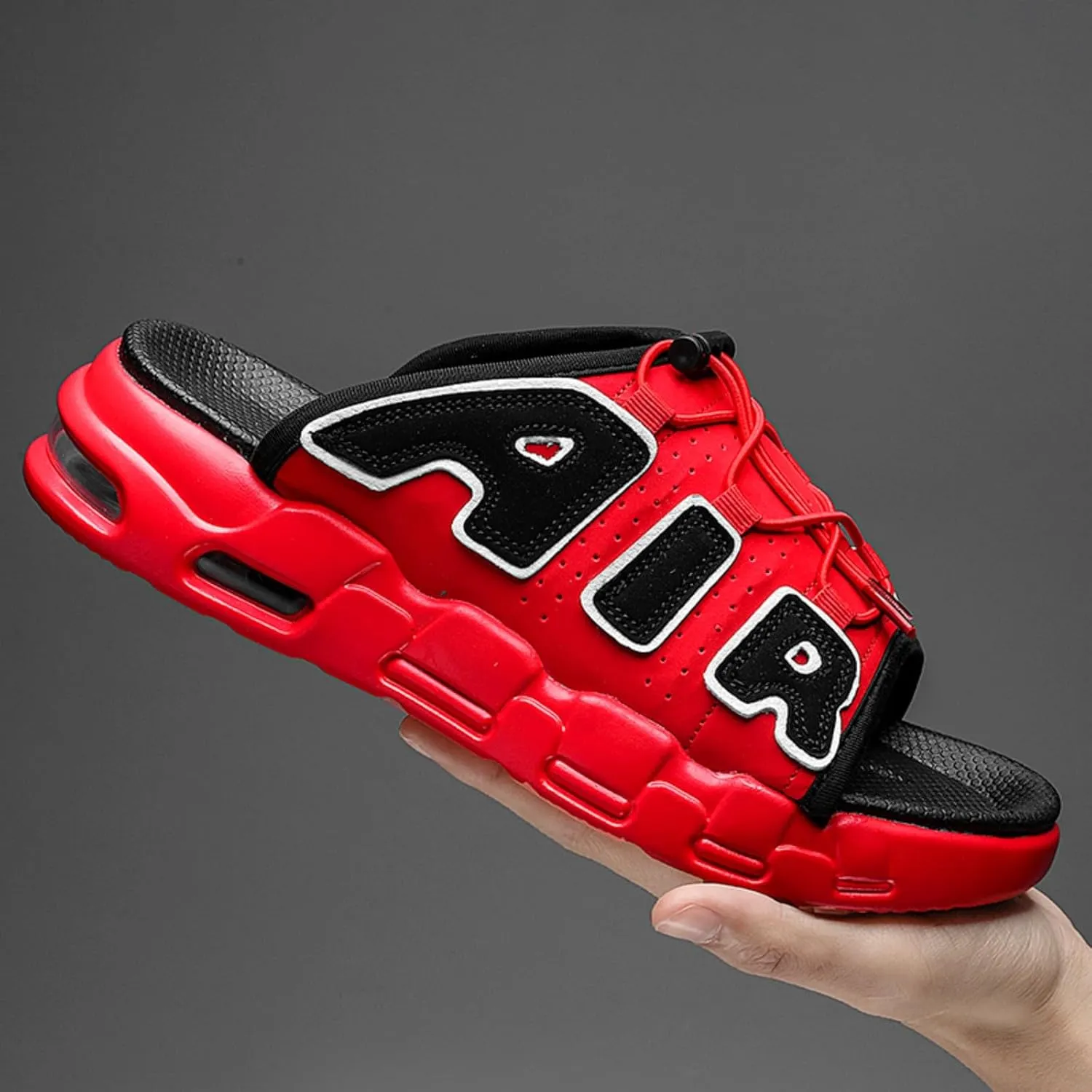 Men's Thick Slippers - Breathable Perforated Leather Sandals with Adjustable Shoelaces Indoor/Outdoor Non Slip Sole