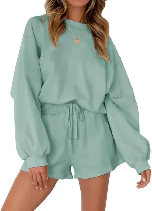 MEROKEETY Women's 2025 Fall Oversized Batwing Sleeve Lounge Sets Casual Top and Shorts 2 Piece Outfits Sweatsuit