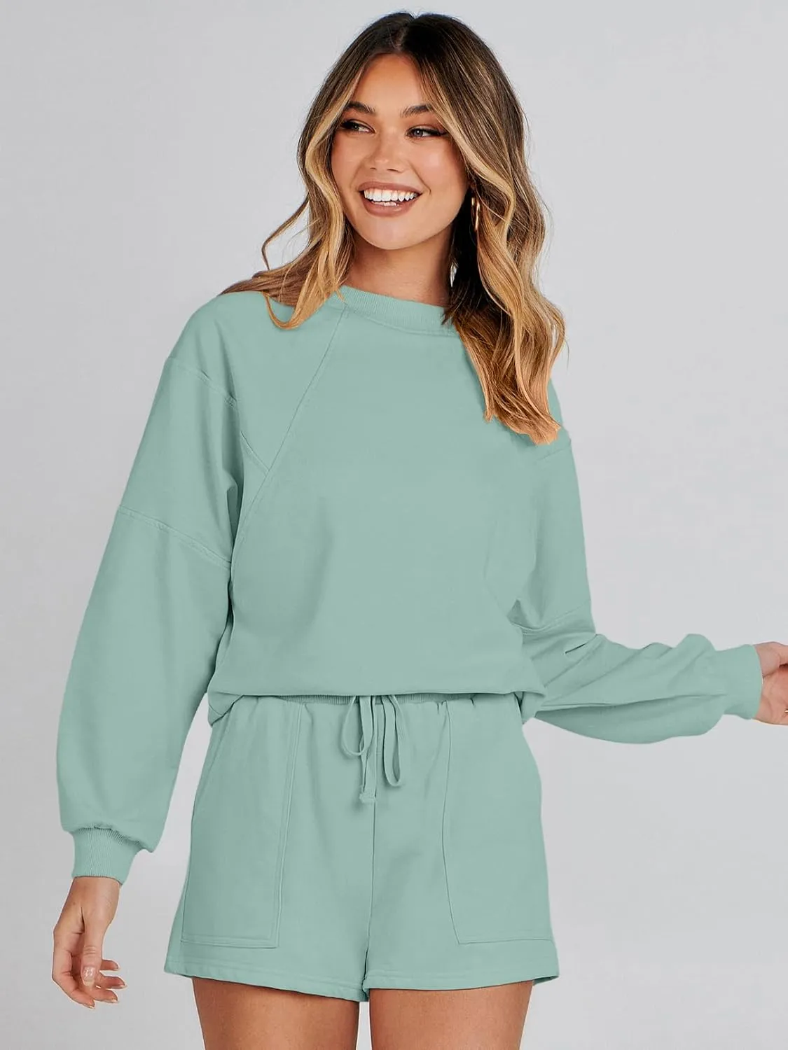 MEROKEETY Women's 2025 Fall Oversized Batwing Sleeve Lounge Sets Casual Top and Shorts 2 Piece Outfits Sweatsuit