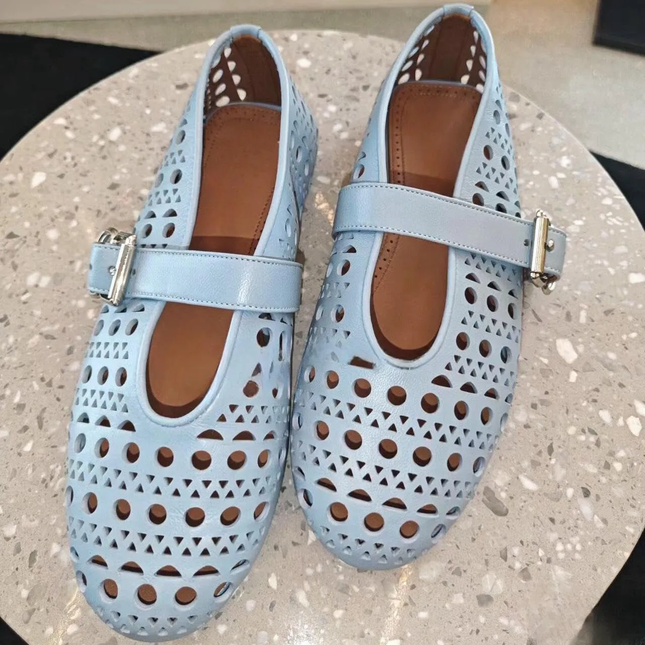 Mesh Ballet Flats for Women,Buckle Strap Hollow Out Mary Jane Flats Round Toe Breathable Comfortable Casual Daily Dress Ballerina Shoes