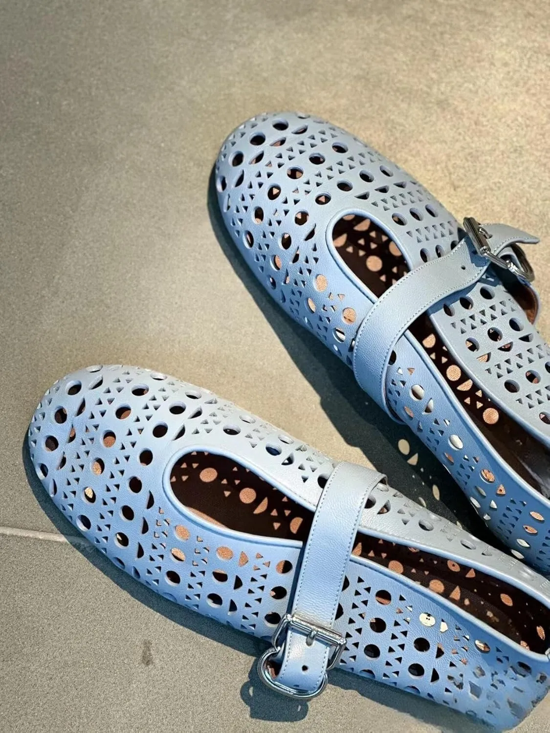 Mesh Ballet Flats for Women,Buckle Strap Hollow Out Mary Jane Flats Round Toe Breathable Comfortable Casual Daily Dress Ballerina Shoes