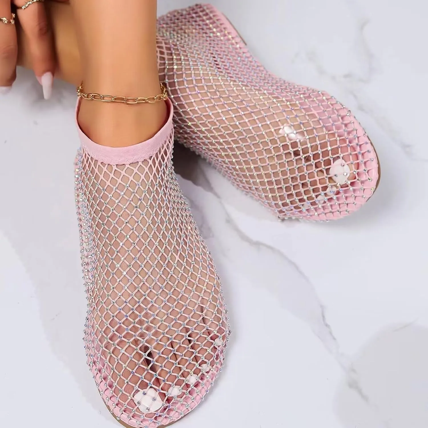 Mesh Ballet Flats Round Toe Shiny Gem Mesh Flats Rhinestone Short Boots Sexy Sandals Cutout Sparkly Comfortable Beach Casual Dress Flats for Women