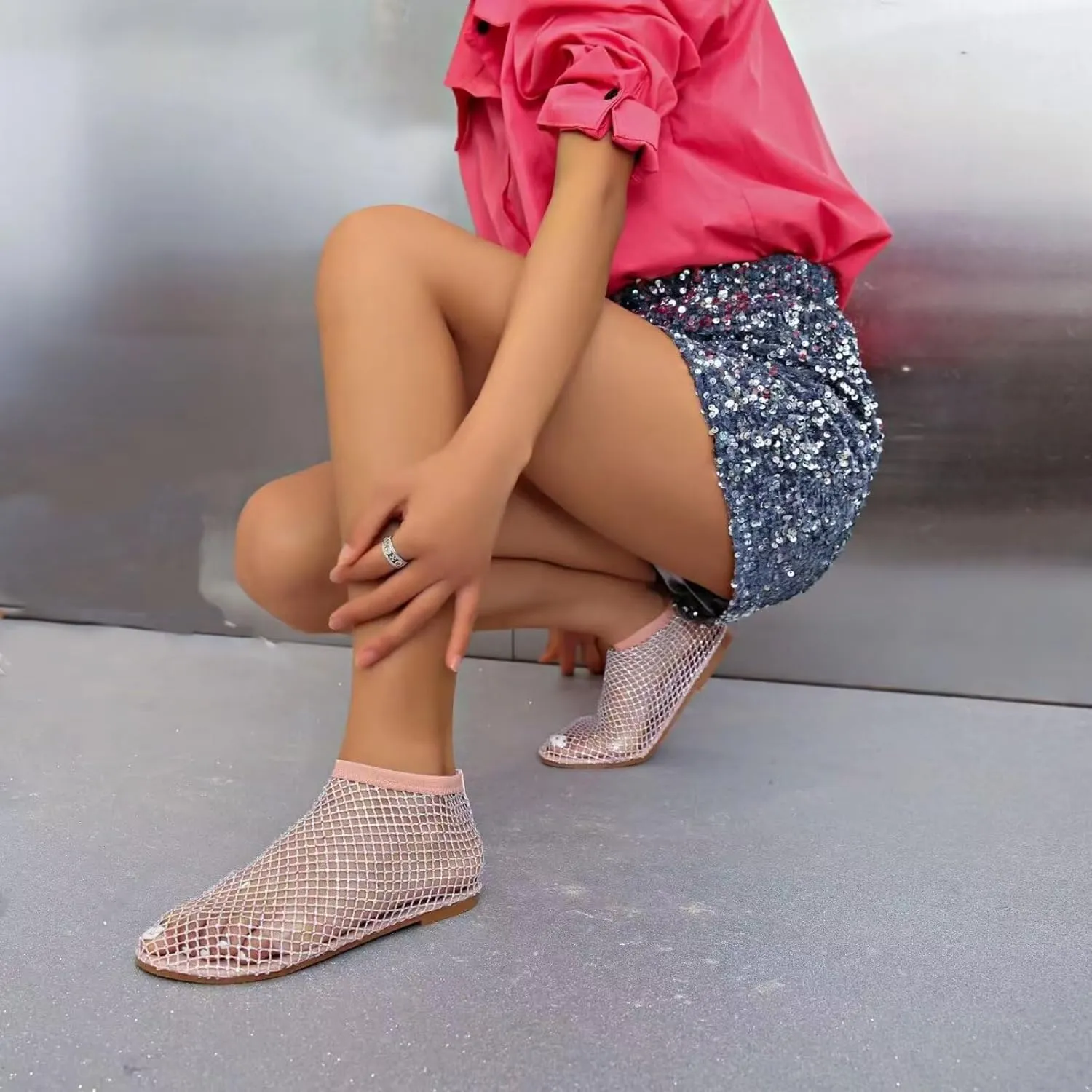 Mesh Ballet Flats Round Toe Shiny Gem Mesh Flats Rhinestone Short Boots Sexy Sandals Cutout Sparkly Comfortable Beach Casual Dress Flats for Women