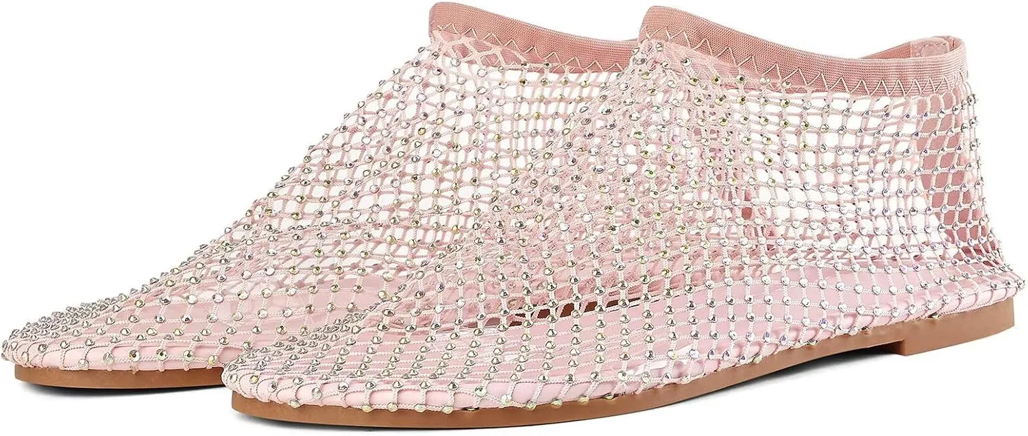 Mesh Ballet Flats Round Toe Shiny Gem Mesh Flats Rhinestone Short Boots Sexy Sandals Cutout Sparkly Comfortable Beach Casual Dress Flats for Women